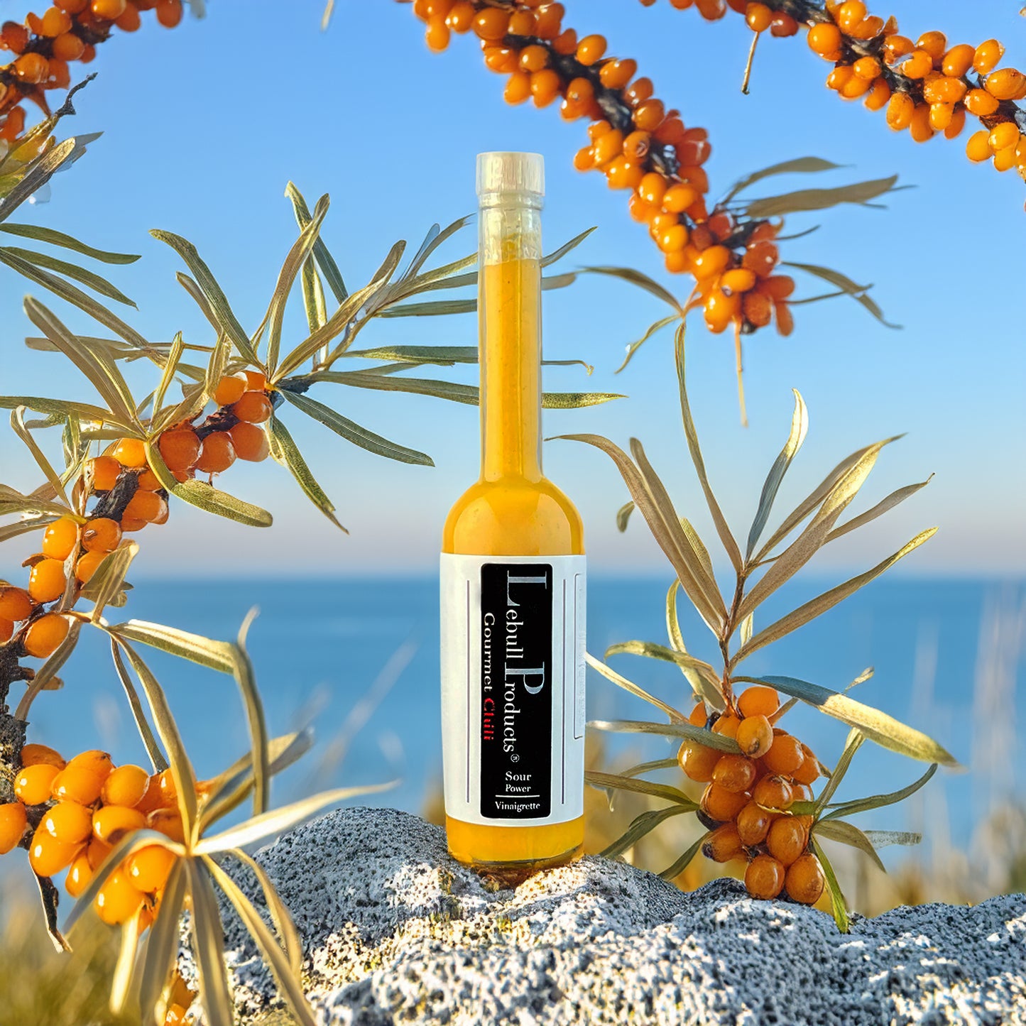 Bottle of Sour Power vinaigrette with a golden-yellow hue, placed on a rock, surrounded by vibrant sea buckthorn branches with orange berries, against a bright blue sky and ocean backdrop